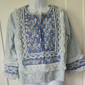 Indigo Red and Blue Bomber Jacket with Embroidery